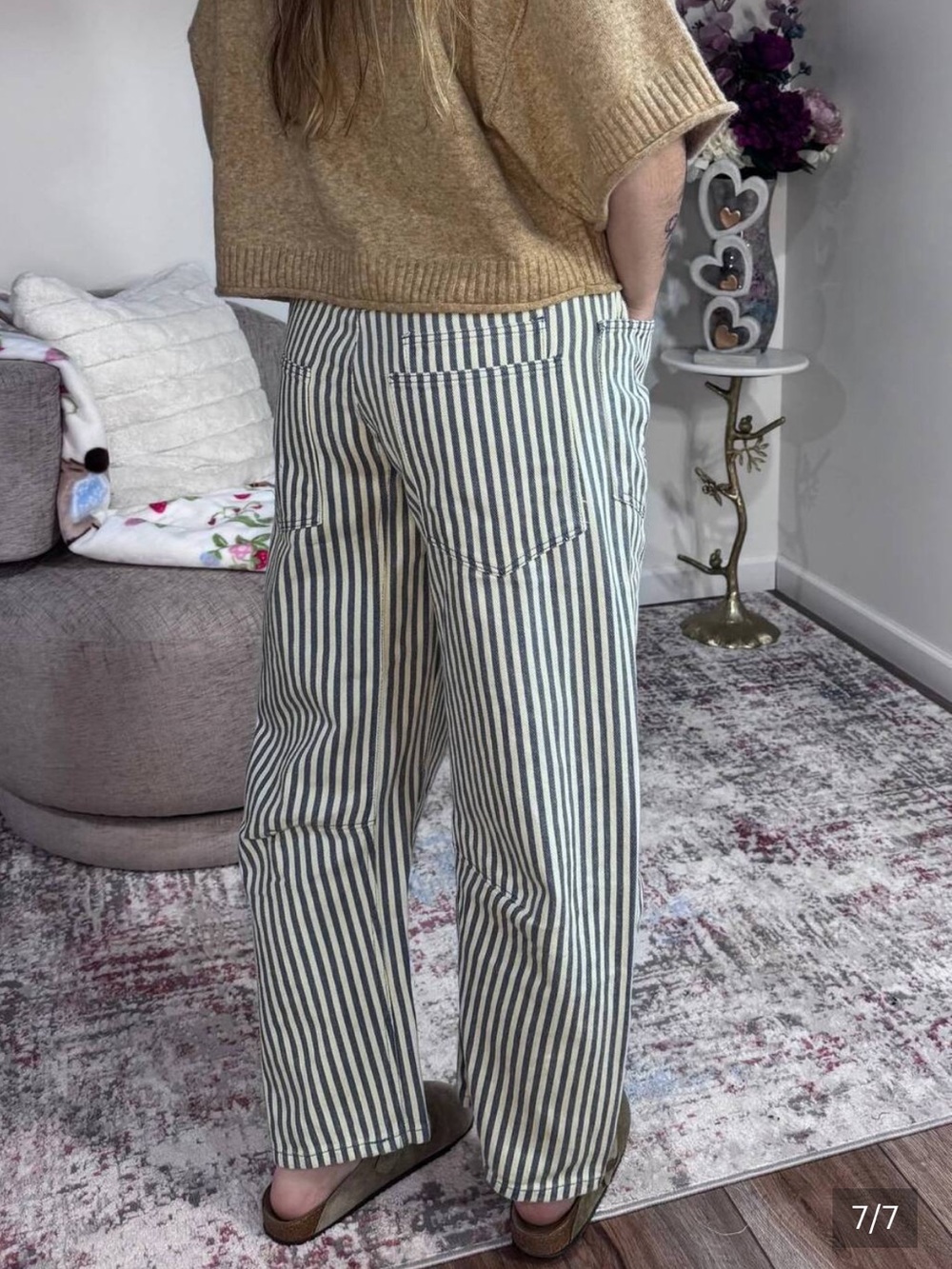 BiBi blue and White Pinstripe Twill Barrel Pants